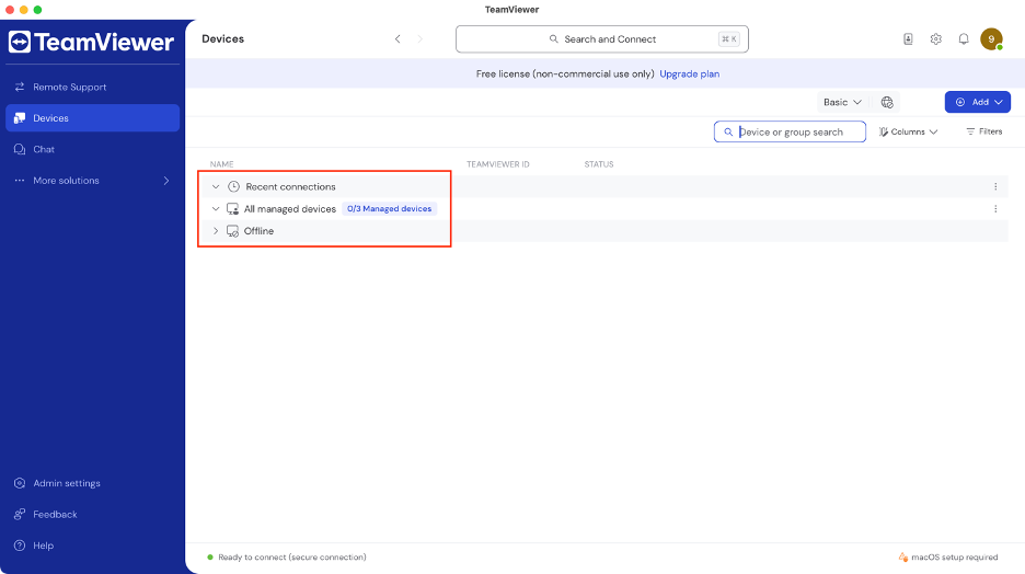 To review trusted devices on your TeamViewer account, open the app on your Mac, then check under All managed devices and Recent connections.