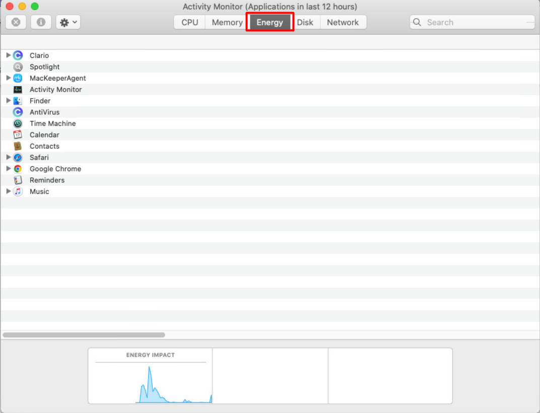 Your Mac’s battery power can be also observed and managed with the help of Activity Monitor. Open it and move to the Energy tab