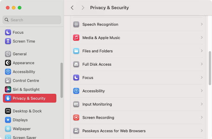 Open up your Mac's System Settings, then open the Privacy & Security section from the sidebar, then click Full Disk Access from the list. Open up your Mac's System Settings, then open the Privacy & Security section from the sidebar, then click Full Disk Access from the list.