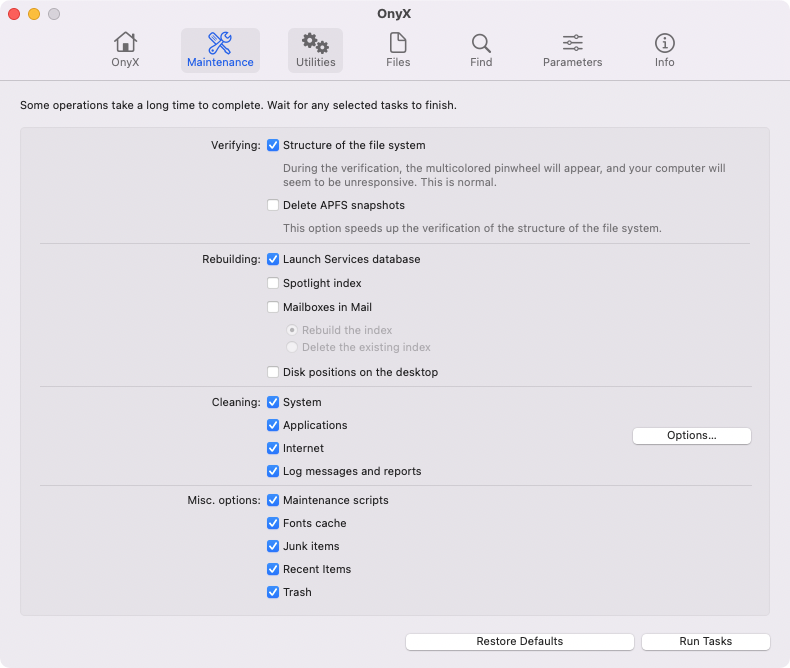 Onyx’s maintenance settings window shows the number of options you can manage in order to make your Mac cleaner Onyx’s maintenance settings window shows the number of options you can manage in order to make your Mac cleaner