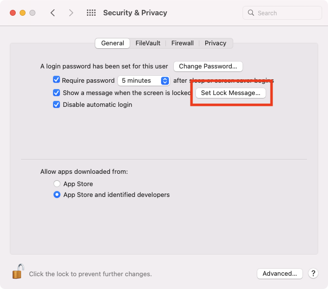 Security & Privacy > General tab > tick Set Lock Message Security & Privacy > General tab > tick Set Lock Message
