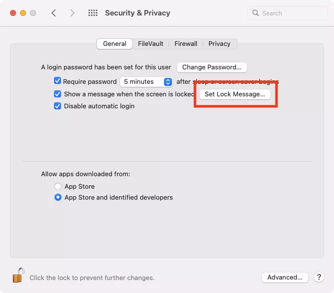 Security & Privacy > General tab > tick Set Lock Message