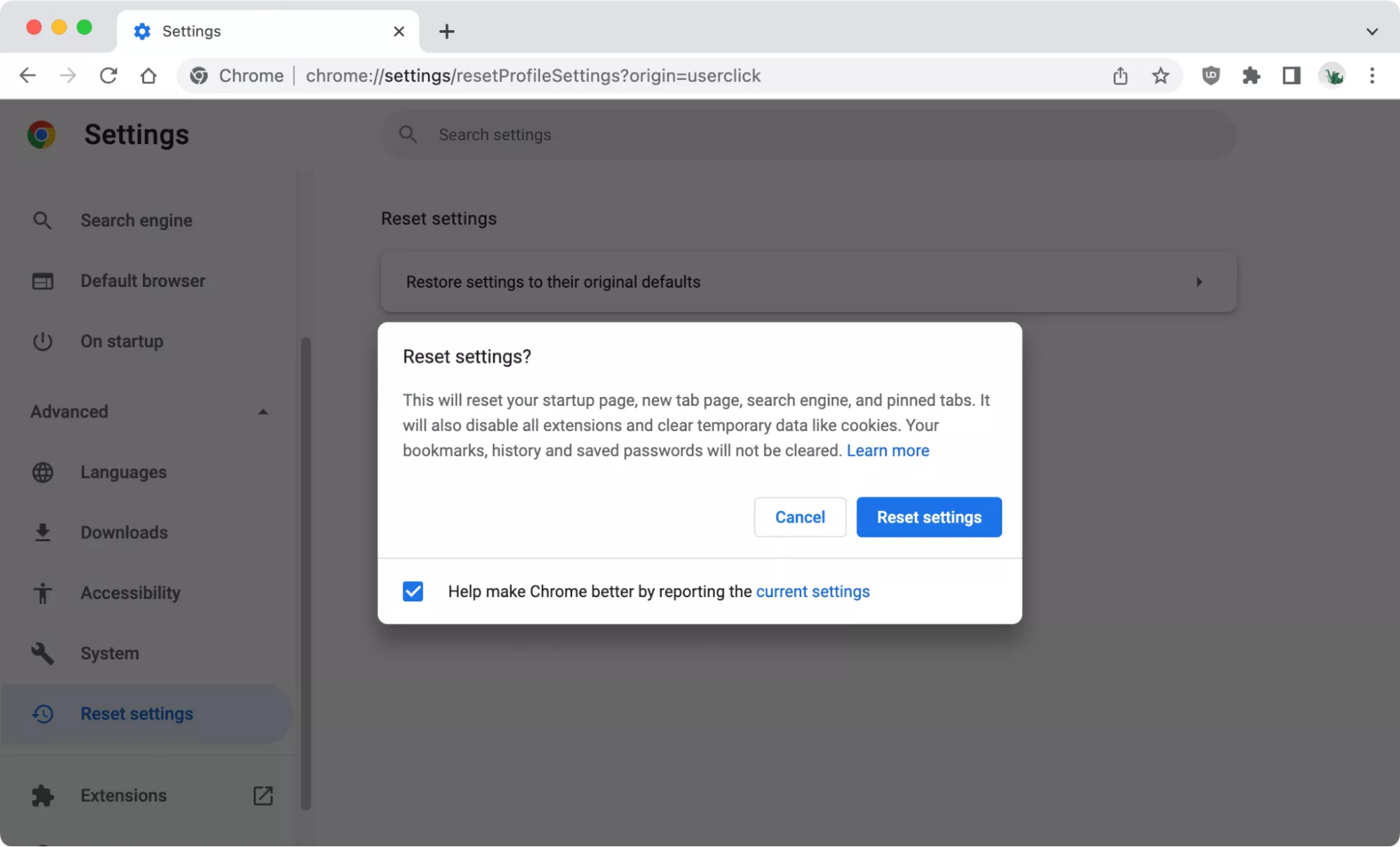 Chrome Settings > Reset settings