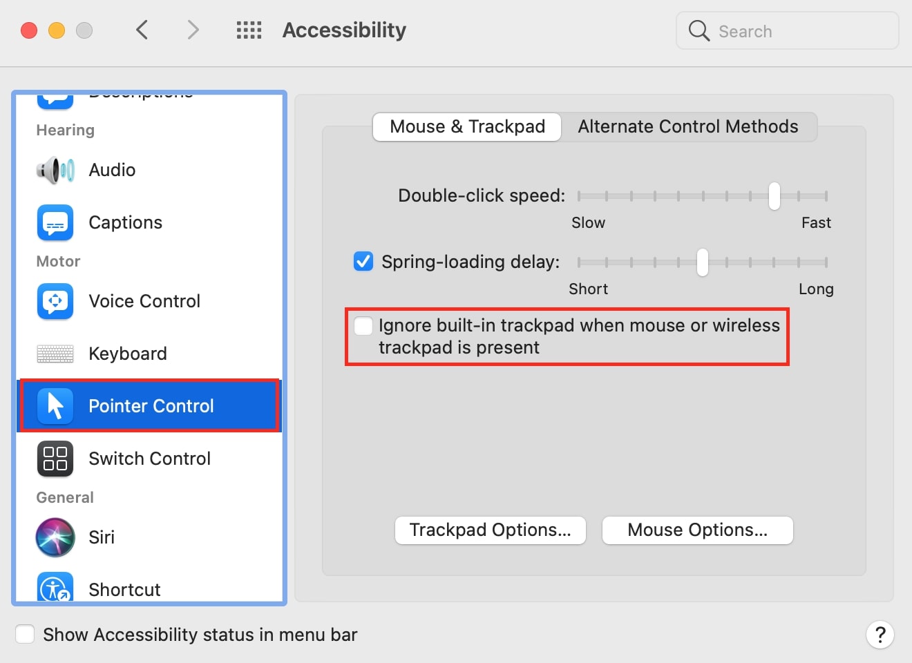 Pointer control settings on Mac Pointer control settings on Mac
