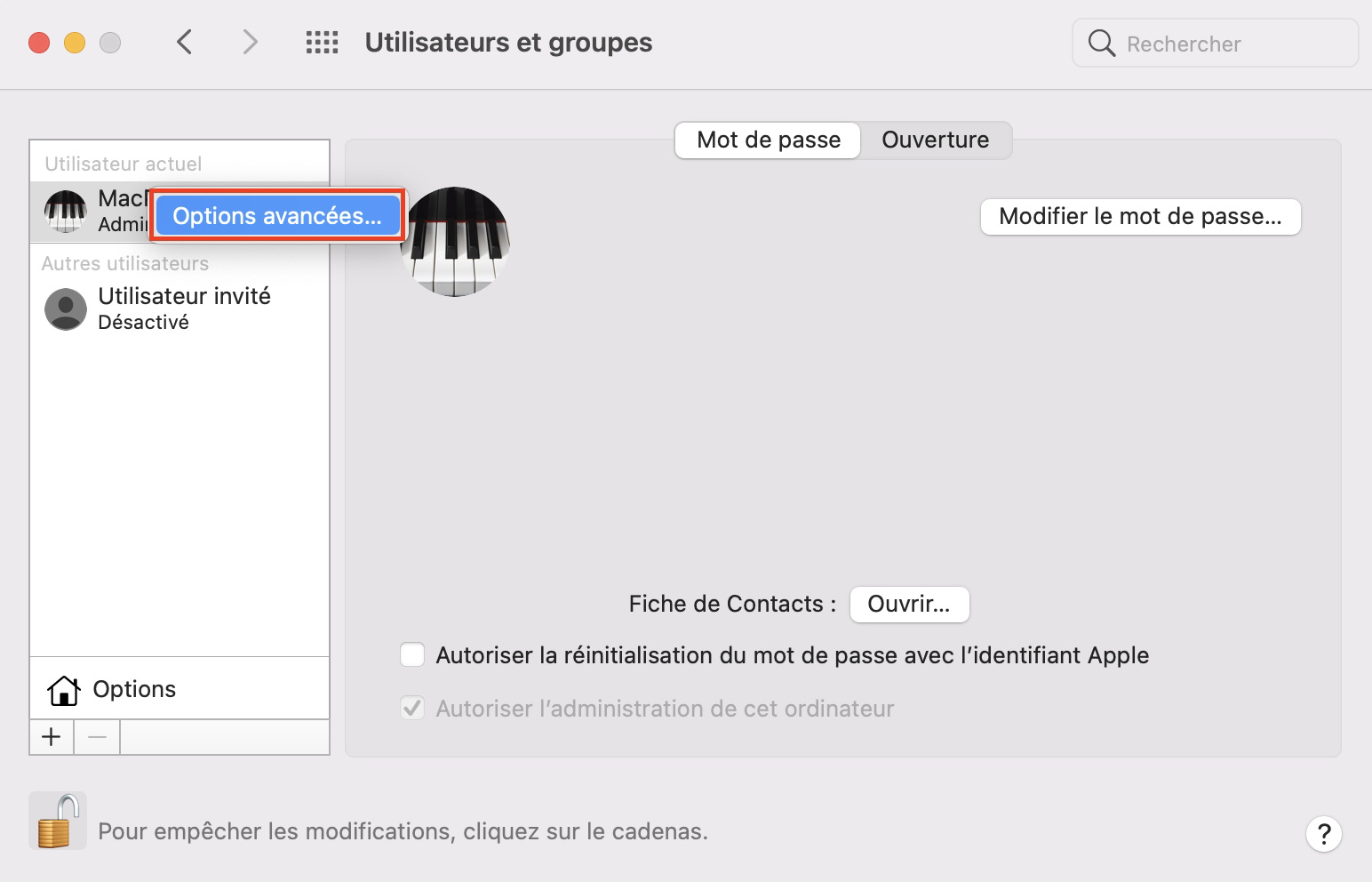 Utilisateurs et groupes menu Utilisateurs et groupes menu