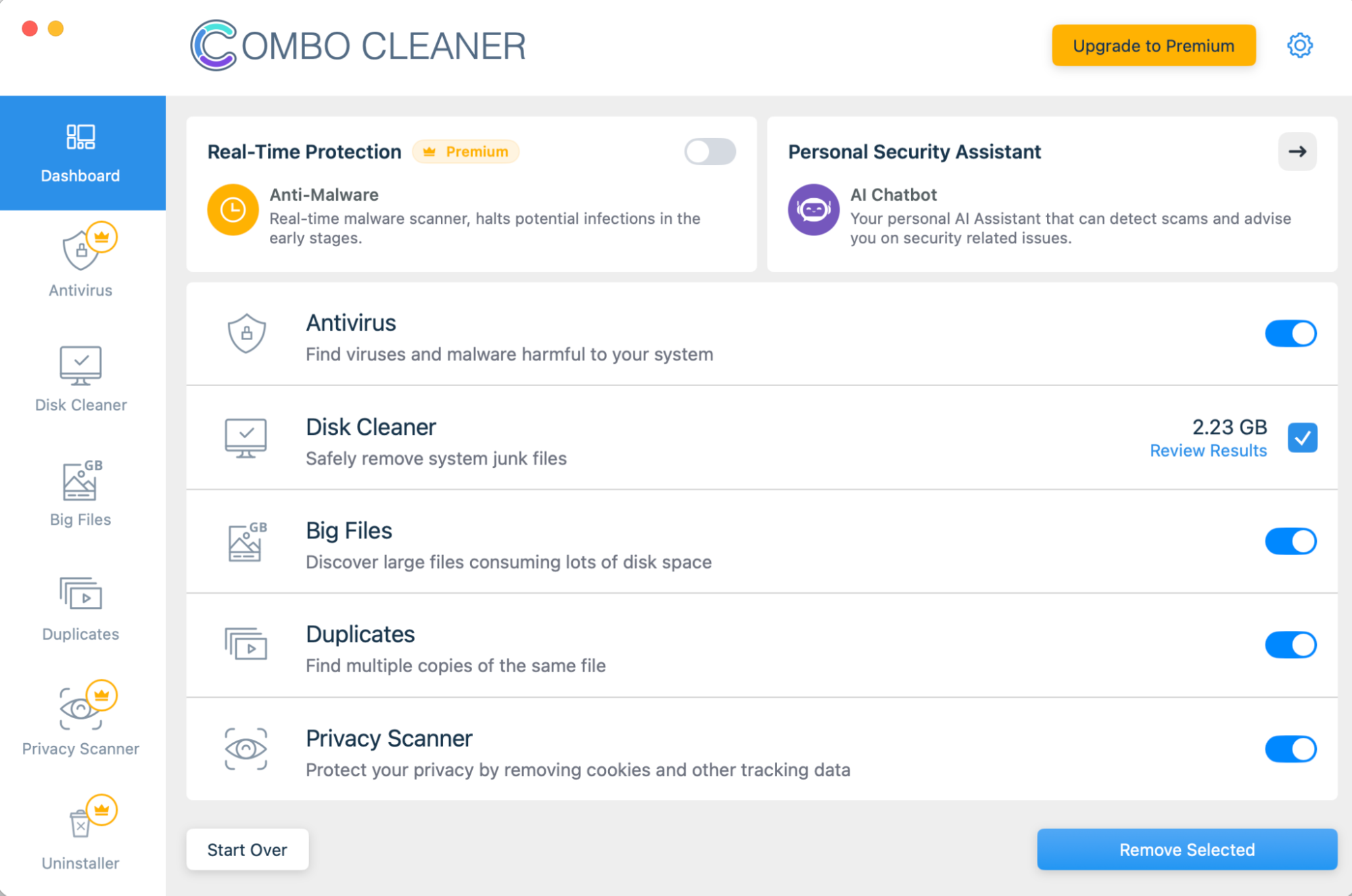 Combo Cleaner Dashboard tab on an Apple computer, listing Antivirus, Disk Cleaner, Big Files, and Duplicates with Remove Selected.