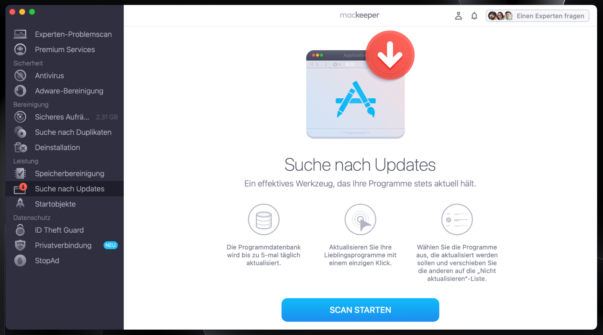 Um Ihre App-Updates zu verwalten, starten Sie MacKeeper, wählen Sie im linken Menü Suche nach Updates und klicken Sie auf Scan starten.