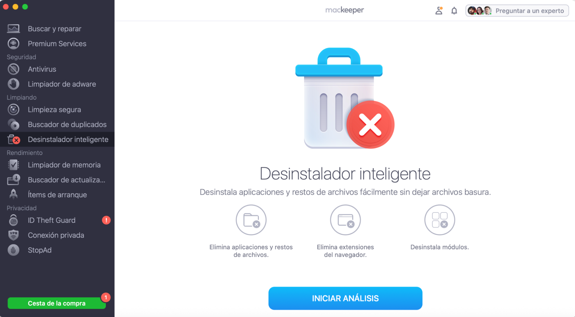 Para eliminar todos los archivos innecesarios, aplicaciones y otros elementos no deseados de tu Mac, usa el Desinstalador inteligente de MacKeeper. Abre la aplicación, ve a Desinstalador inteligente y haz clic en Iniciar análisis.