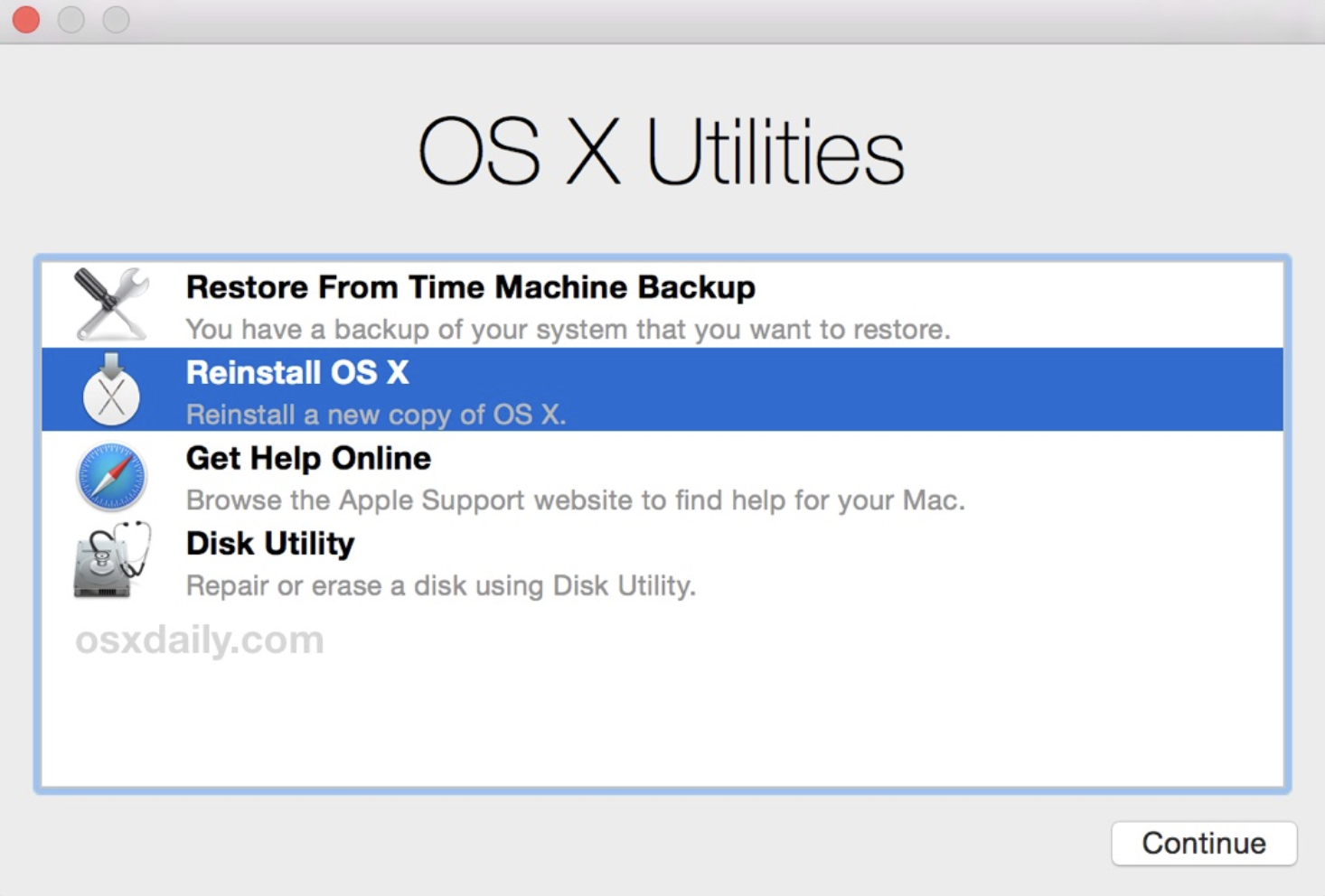 The Reinstall OS X option in Recovery mode on Mac. After you reset OS X El Capitan, be sure to install a fresh copy of the operating system.