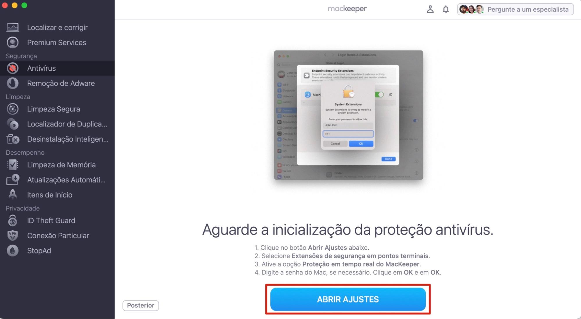 A ferramenta Antivírus no MacKeeper para Mac. Clique em Abrir Ajustes para continuar a configuração, depois autorize que o MacKeeper execute.