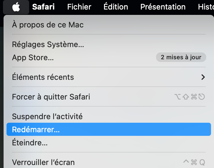 Si vous n'arrivez pas à vider la corbeille, commencez par redémarrer votre Mac. Allez dans le Menu Apple > Réglages Système pour lancer le processus.