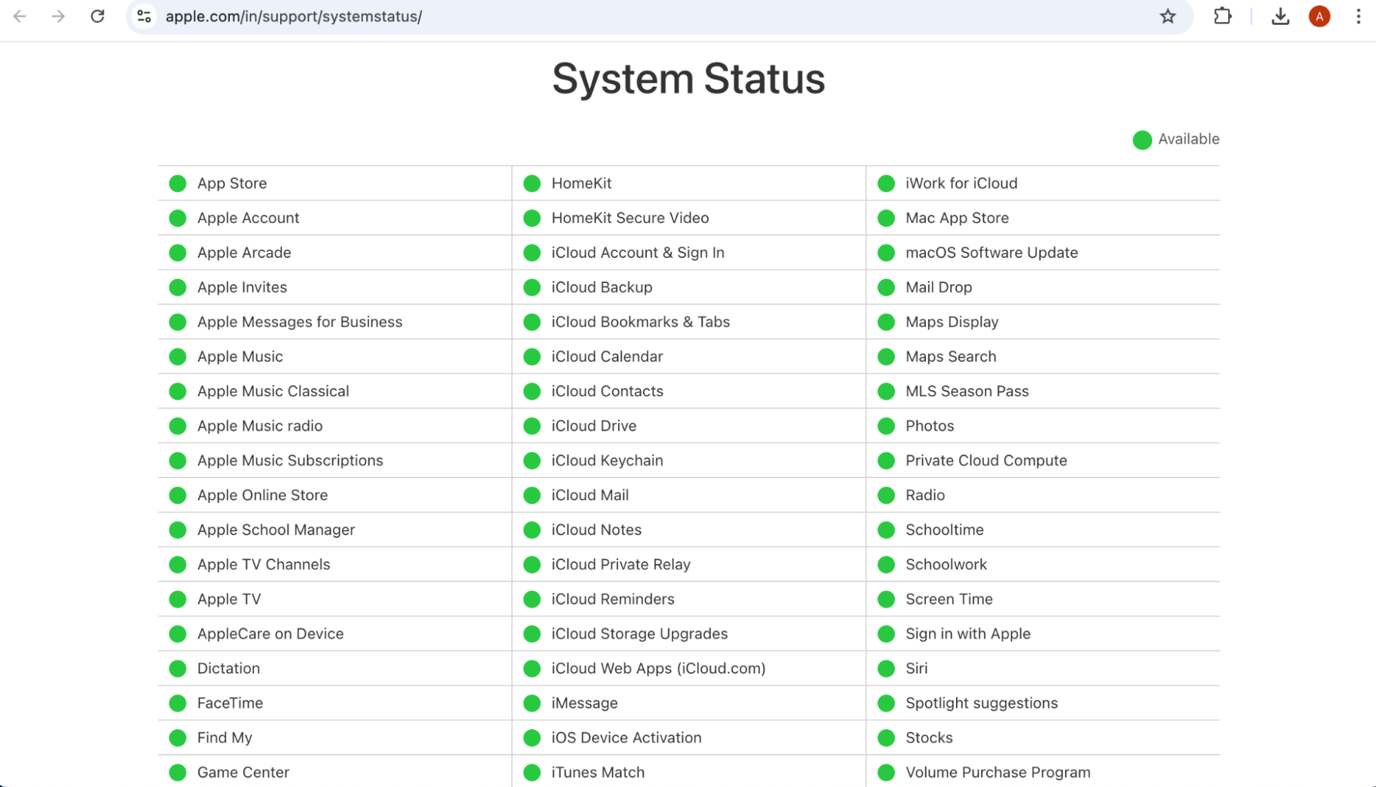 Apple’s System Status page is opened on a Mac. Check system statuses when notes are not syncing between the iPhone and Mac.