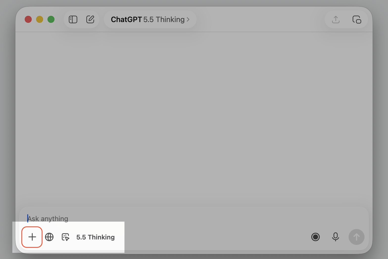 ChatGPT macOS app window on an iMac with the Plus icon beside the message field highlighted to open the Take Screenshot tool.