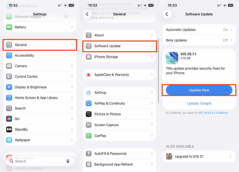 To update iOS and fix the iPhone Mirroring on your Mac, go to the Settings app, tap General, select Software Update, and click Update Now.