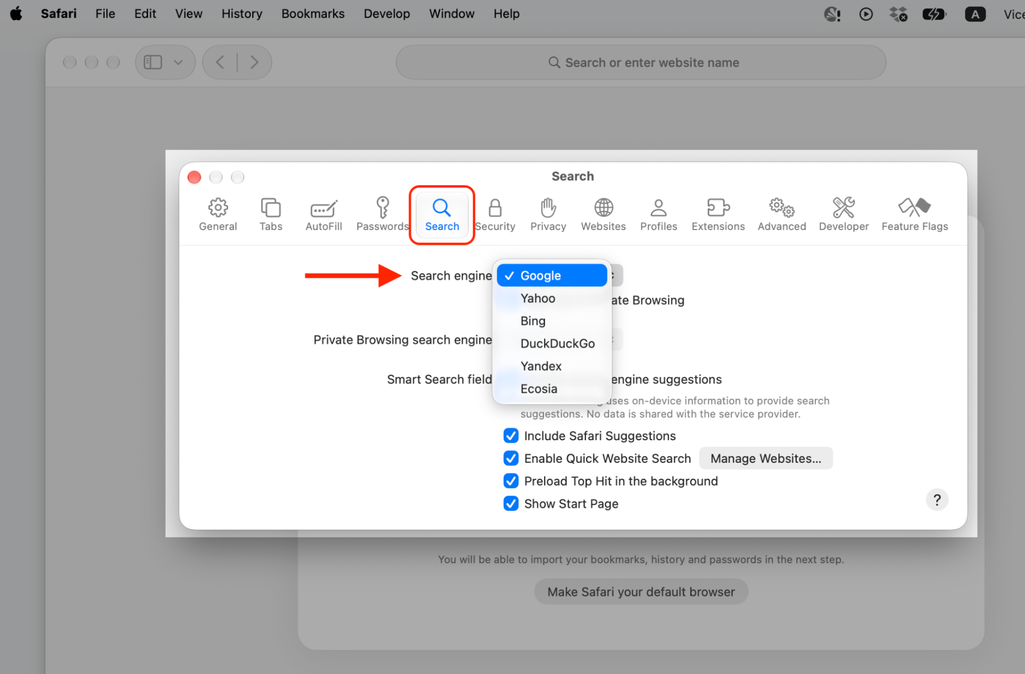 Safari Search settings tab on a MacBook with the Search engine dropdown open to set Google and drop the bad search engine.