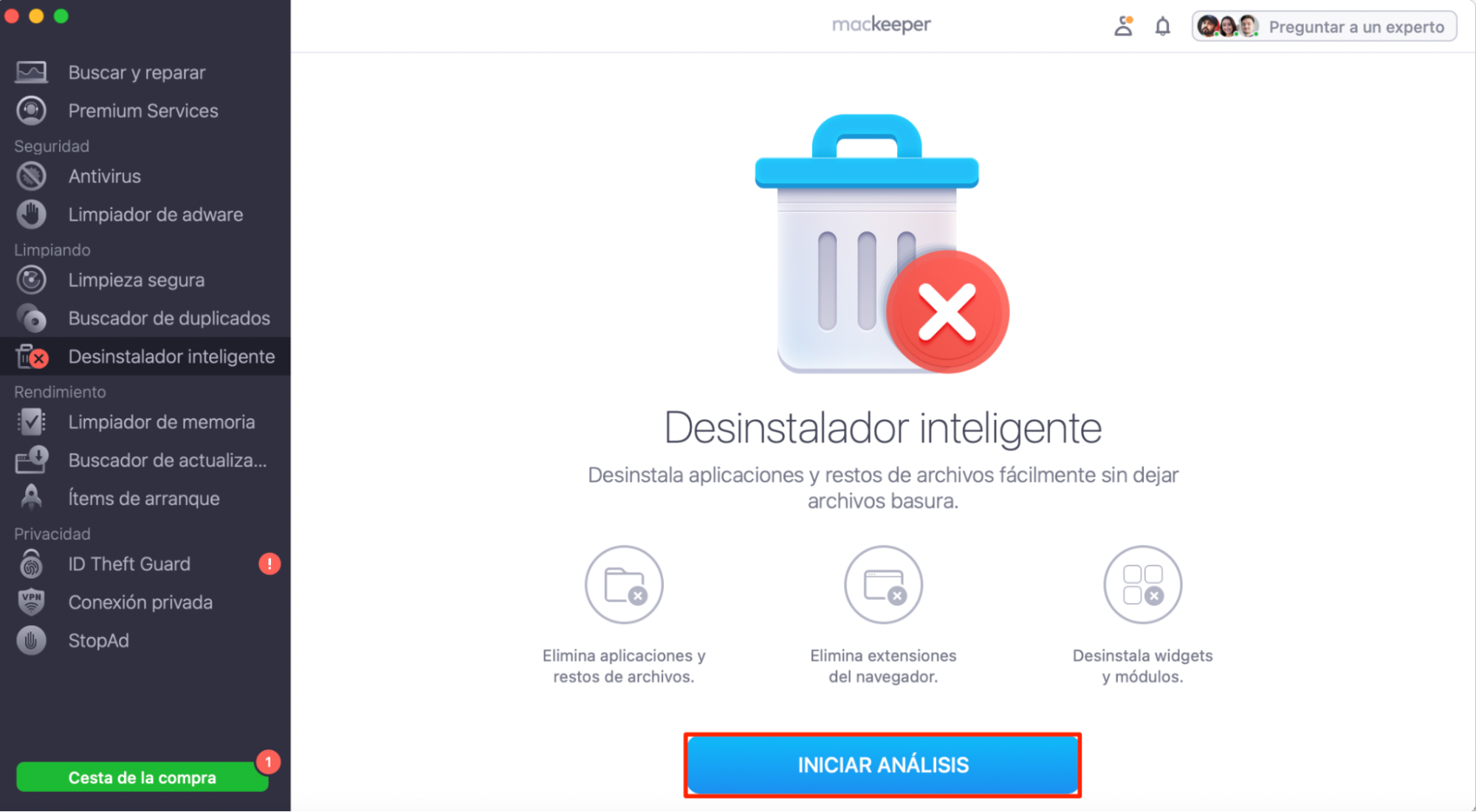 Abre MacKeeper en tu Mac y selecciona Desinstalador inteligente para reinstalar Zoom. Abre MacKeeper en tu Mac y selecciona Desinstalador inteligente para reinstalar Zoom.