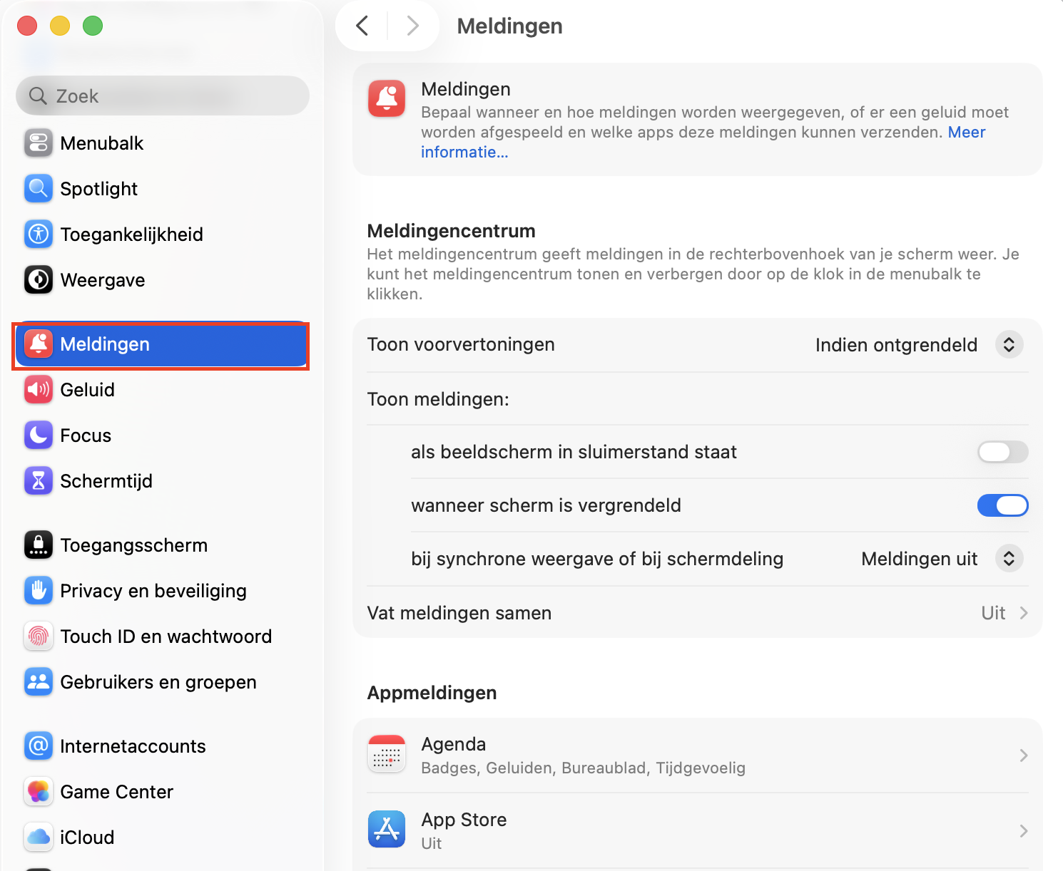 De Systeeminstellingen van Apple met de meldingsopties geopend. Dit maakt deel uit van de veelgestelde vragen over nep McAfee pop-ups op een Mac en laat zien hoe je McAfee meldingen uitschakelt.