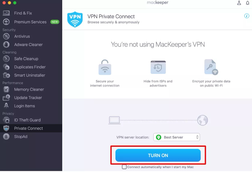 To start using a VPN on your Mac, click the Turn On button.