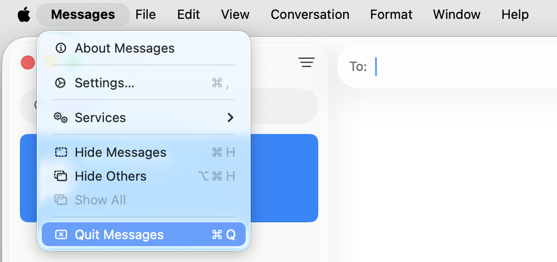 Messages app menu on a MacBook showing the Quit option next to the Apple logo, used to fully close and restart the macOS Messages service.