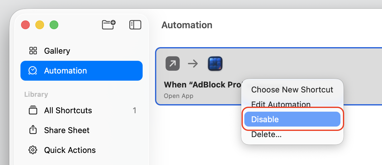 Control-clicking an unknown shortcut in the Shortcuts Automation tab and choosing Disable to calm backgroundshortcutrunner on an iMac.