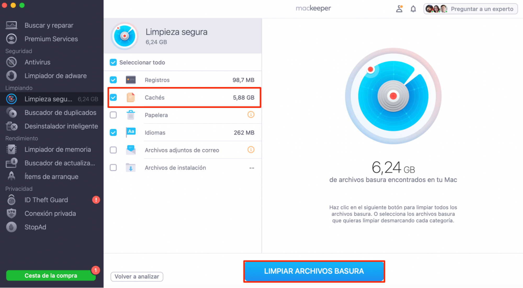 Limpieza segura de MacKeeper después de un análisis. Mail Caches está resaltado, así como el botón Limpiar archivos basura. ¿Cómo eliminar caché mail Mac usando un limpiador?