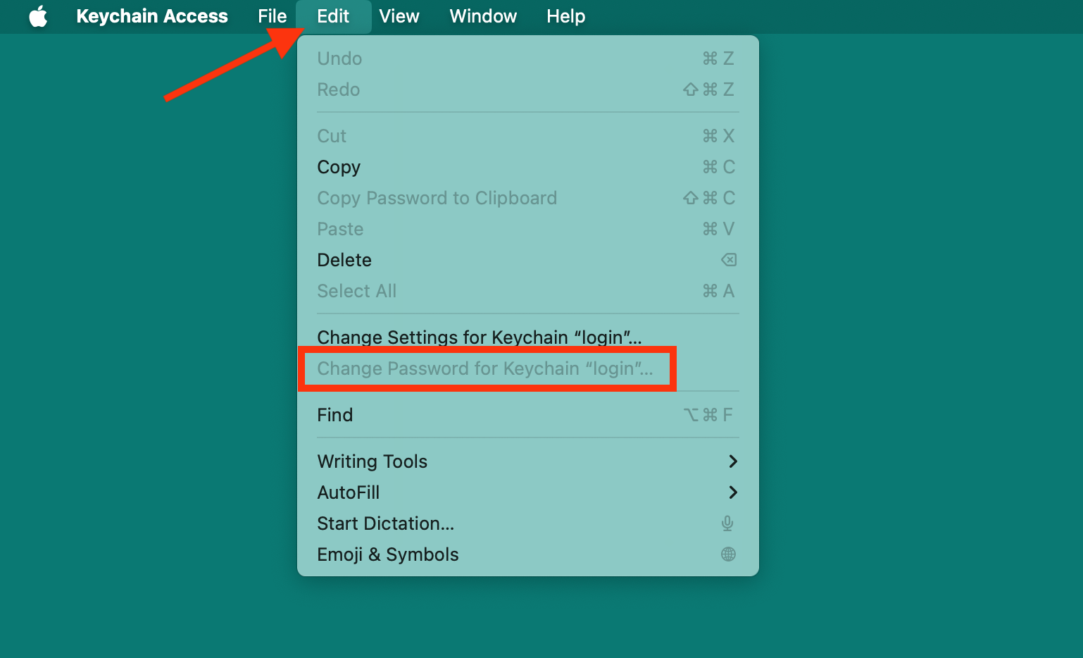 The Edit menu in Keychain Access displaying the option to Change Password for Keychain. Use this when you find your Mac Keychain password not working