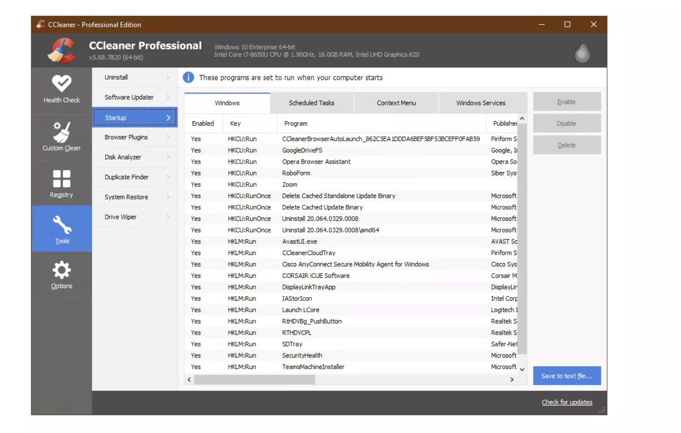 Gérez vos éléments d’ouverture macOS dans CCleaner en allant dans Outils > Démarrage. Ici, vous pouvez choisir tous les différents programmes que vous voulez activer ou désactiver au démarrage de votre ordinateur.