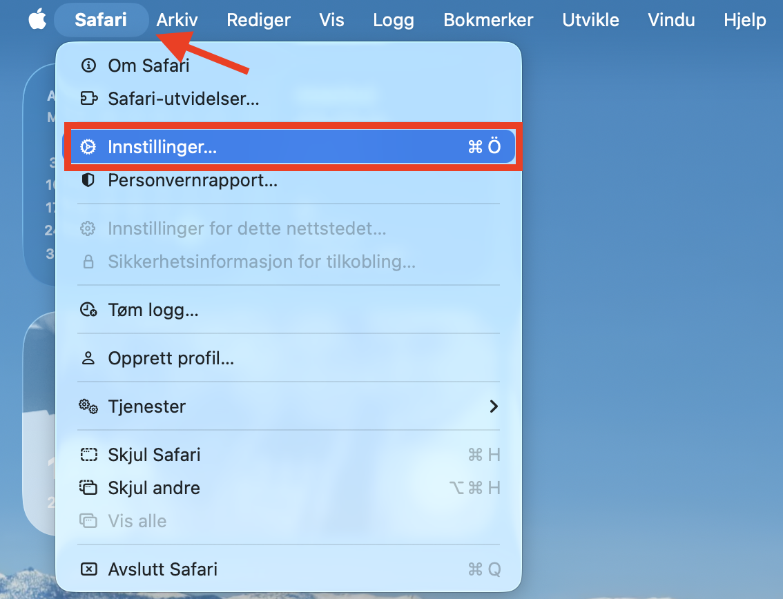 Safari-menyen på Mac. Åpne menyen Innstillinger for å slette gamle nettleserdata og frigjøre plass på Mac.