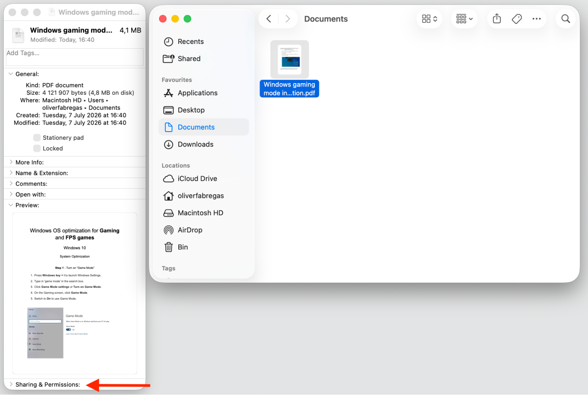 Finder Get Info window for a PDF on macOS with the Sharing & Permissions section highlighted to review file access rights.