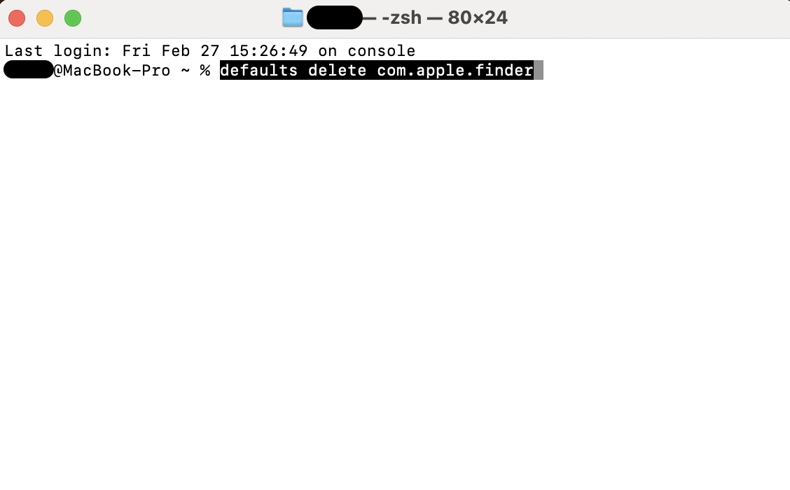 Open Terminal on your Mac and type defaults delete com.apple.finder to reset Finder preferences and remove corrupted settings causing issues.