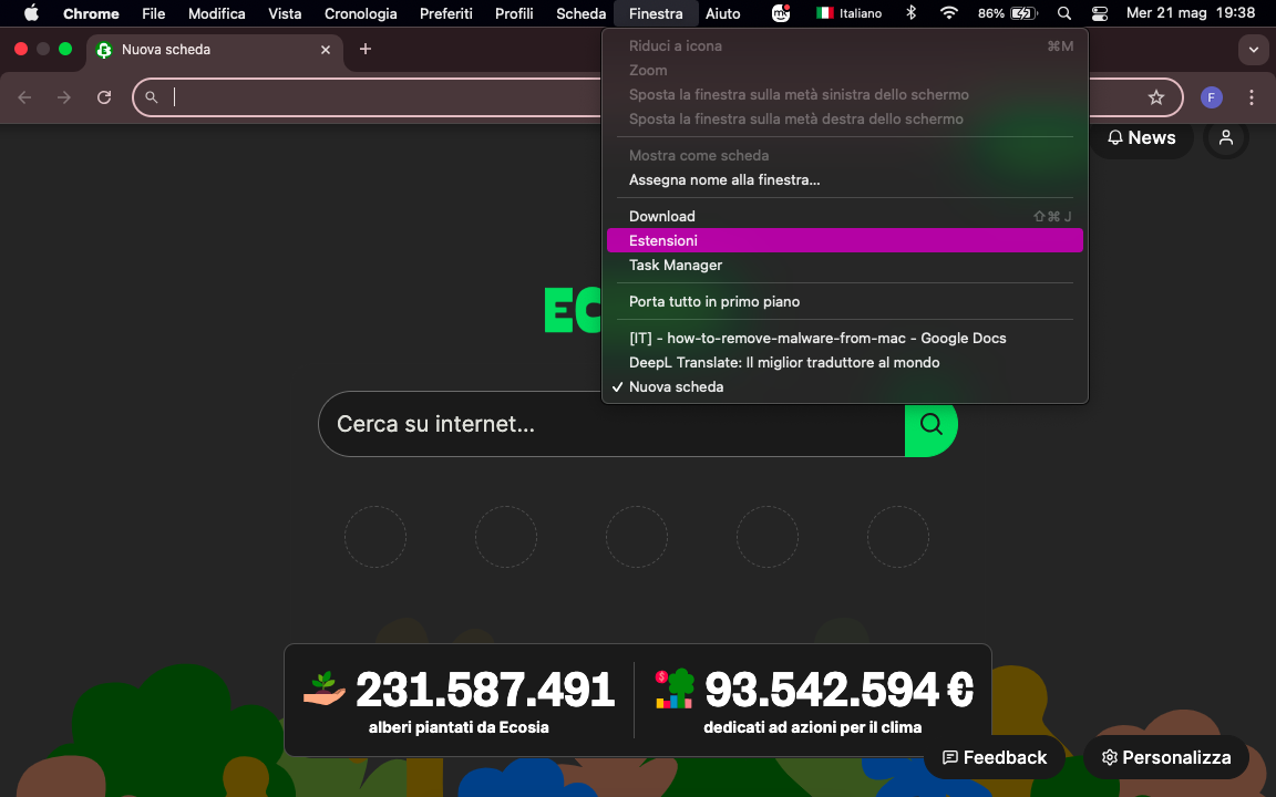 Se vedete qualcosa che volete rimuovere, visitate Finestra > Estensioni dalla barra dei menu, per avviare il processo di rimozione.