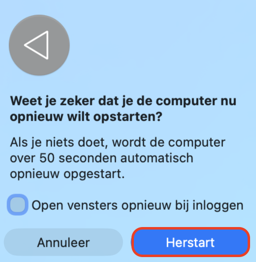 De bevestigingsmelding voor opnieuw opstarten op de Mac. Probeer je Mac opnieuw op te starten wanneer een externe schijf niet wordt herkend in macOS.
