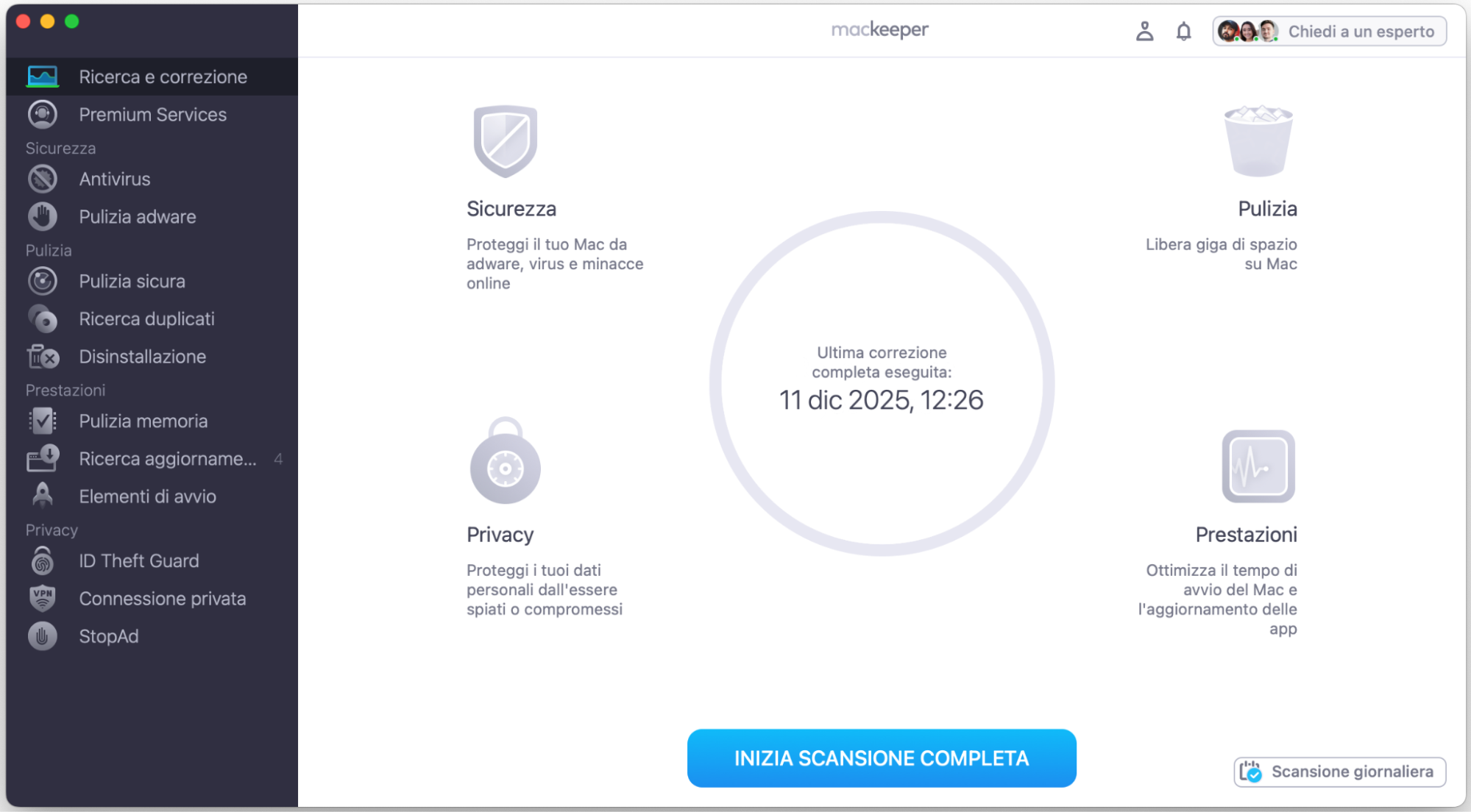 Scansiona il tuo Mac alla ricerca di problemi legati al mouse. Avvia MacKeeper, seleziona Ricerca e Correzione, quindi clicca su Avvia scansione completa.