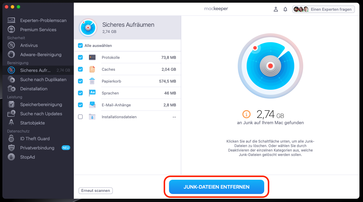 Sie werden wahrscheinlich feststellen, dass 256 GB für ein MacBook ausreichend sind, wenn Sie Junk-Dateien bereinigen. Um Dateien im Sicheren Aufräumen von MacKeeper zu entfernen, wählen Sie die zu löschenden Dateien aus und klicken Sie auf Junk-Dateien entfernen.