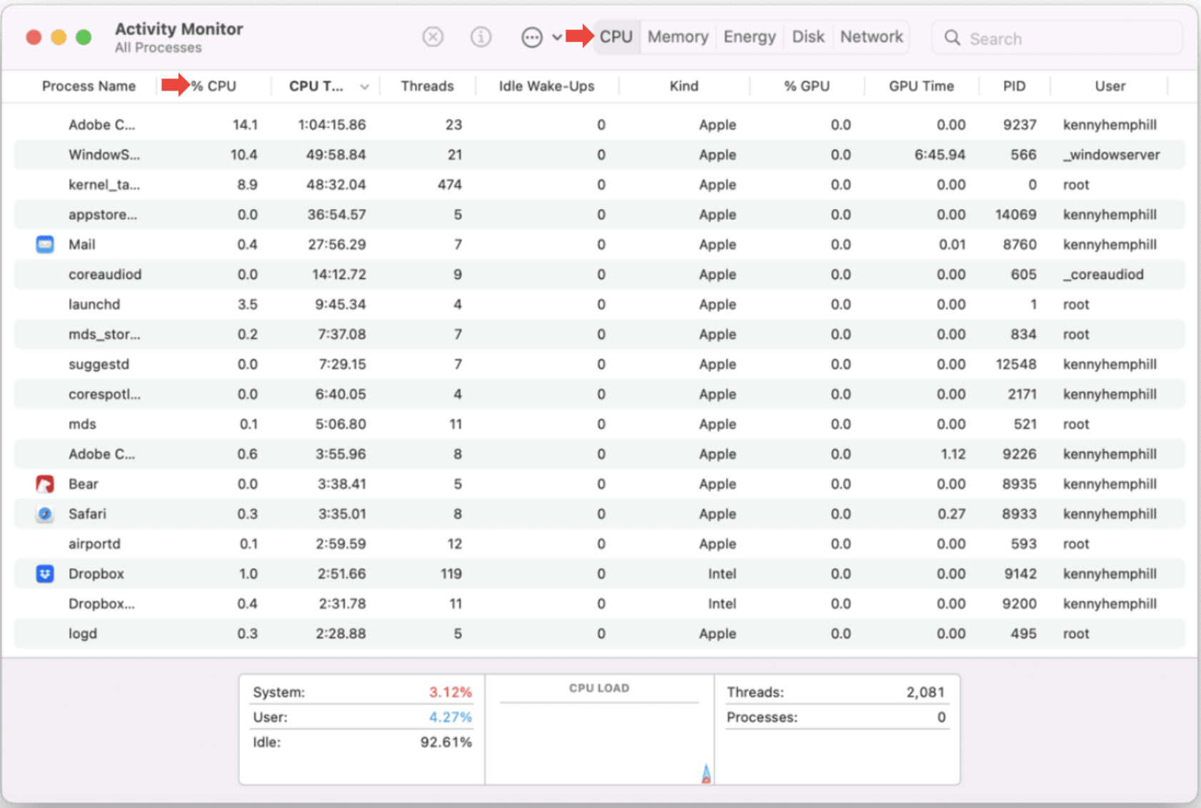 In your macOS Activity Monitor app, make sure you have selected the CPU tab. Then you can click on %CPU to sort out each process from the most to least demanding. This can help you track your most intensive programs.