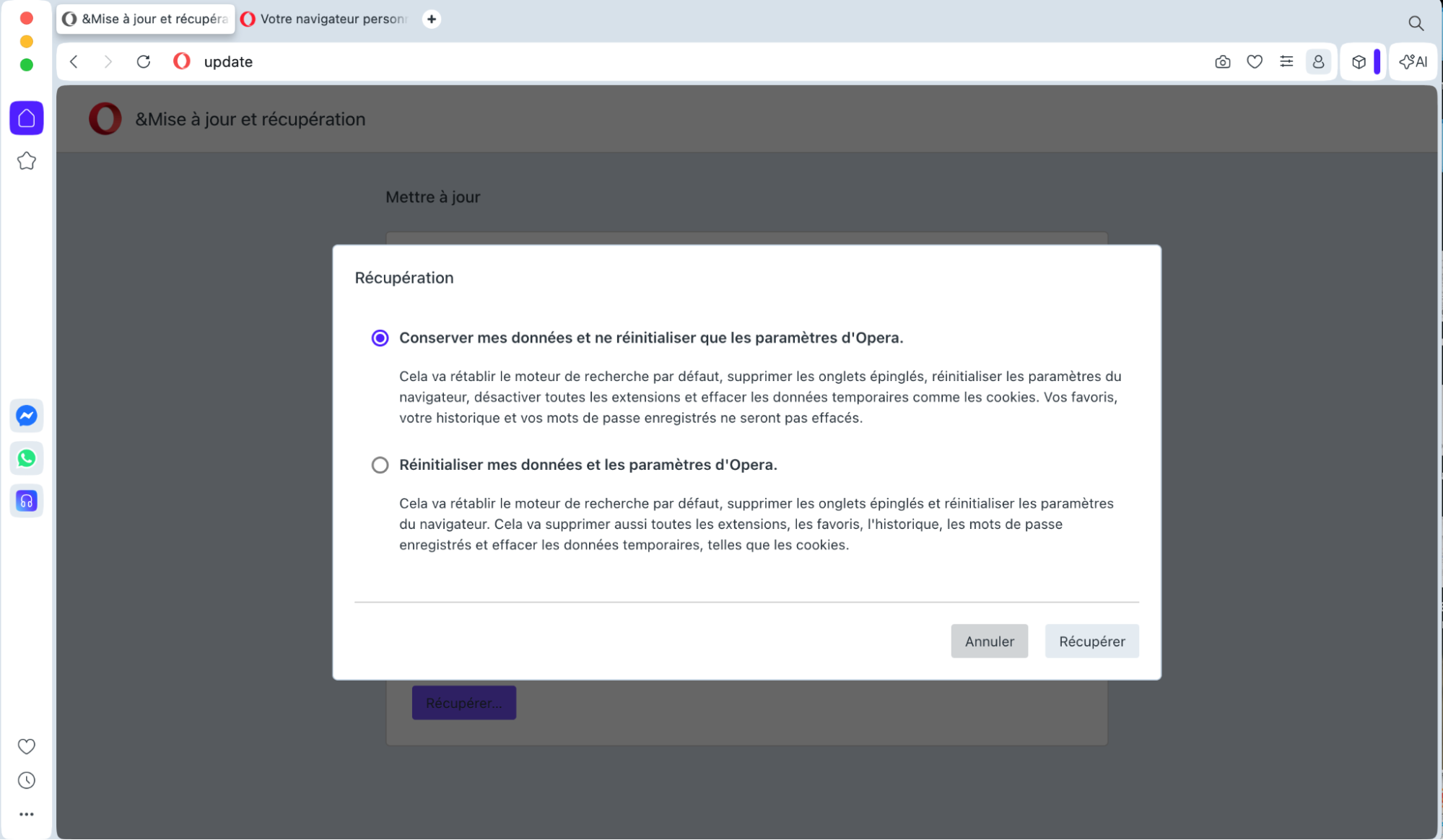 Sous-fenêtre dans Opera sur Mac, avec deux options disponibles pour réinitialiser Opera. Comment réinitialiser Opera : guide pour bloquer les fausses alertes McAfee sur Mac.