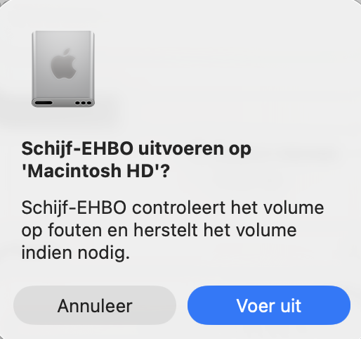 Voer Eerste hulp uit om de hardwarestatus van je Mac te controleren.