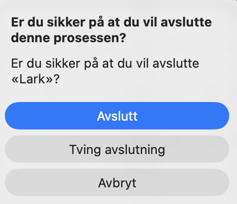 En bekreftelsesboks for å avslutte en kjørende prosess i Aktivitetsmonitor. Du kan avslutte en prosess som fører til overoppheting av Macen på denne måten – bare klikk på Avslutt.