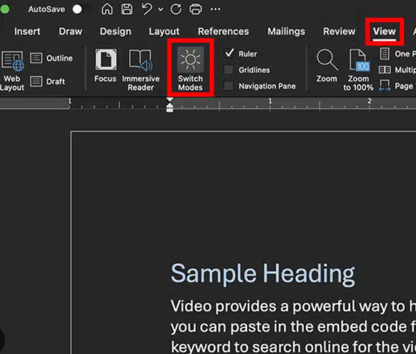It’s very simple to change the light mode of your current document on Microsoft Word if you’re currently in dark mode. You just need to click on View and then Switch Modes.