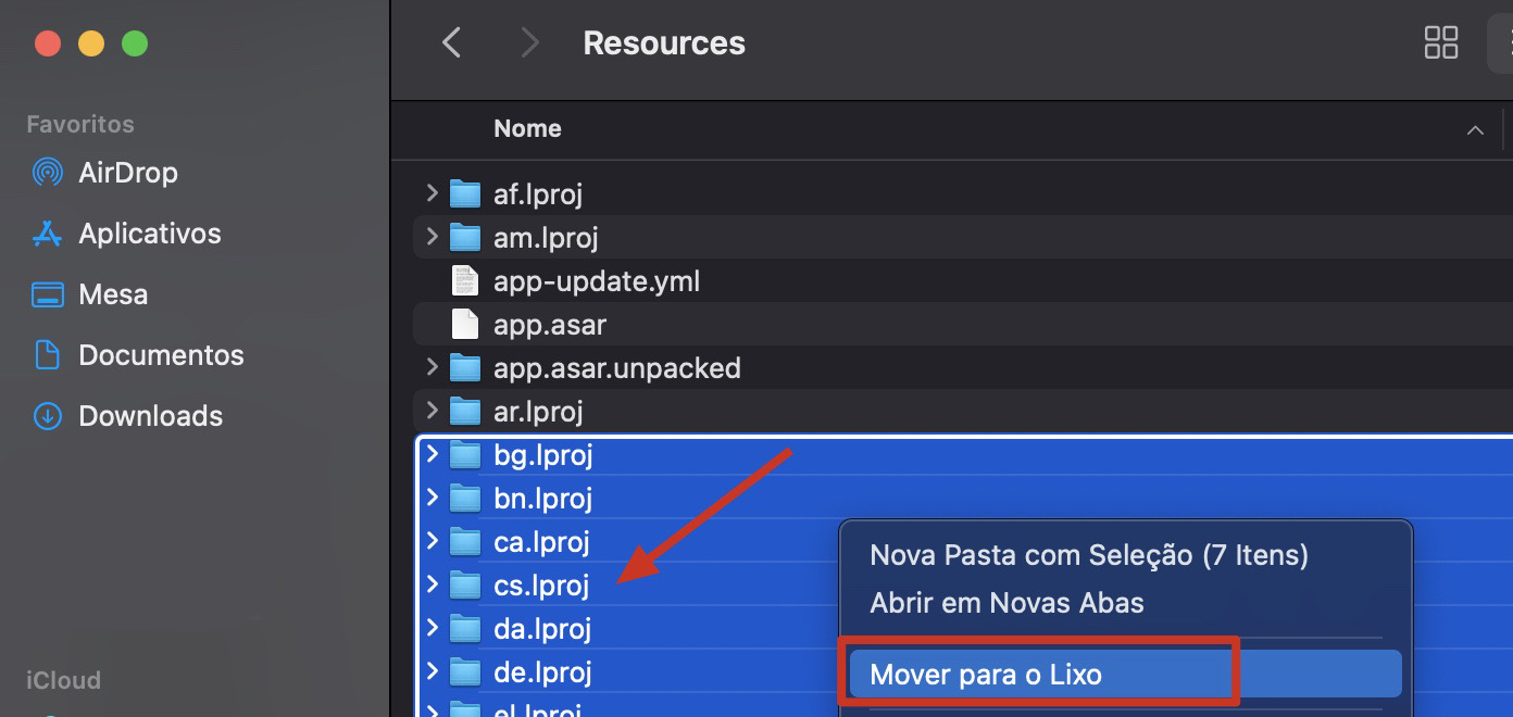 A pasta Resources de um aplicativo instalado no Mac. Localize e remova quaisquer arquivos .lproj que você não precisa para liberar espaço no Mac.