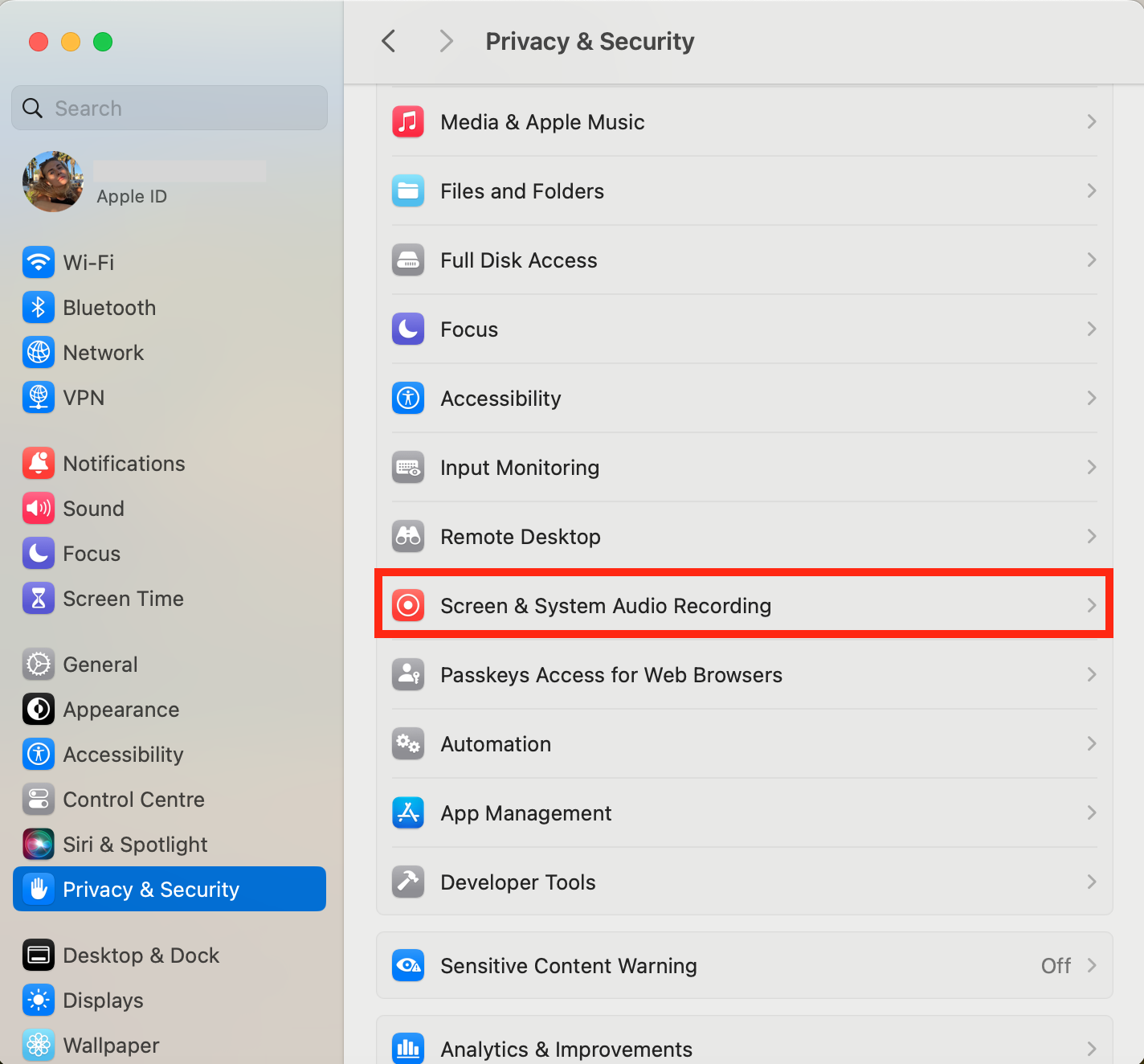 Screen Recording permissions with a prompt for password or Touch ID, finalizing the setup to add Chrome to Security and Privacy on Mac.