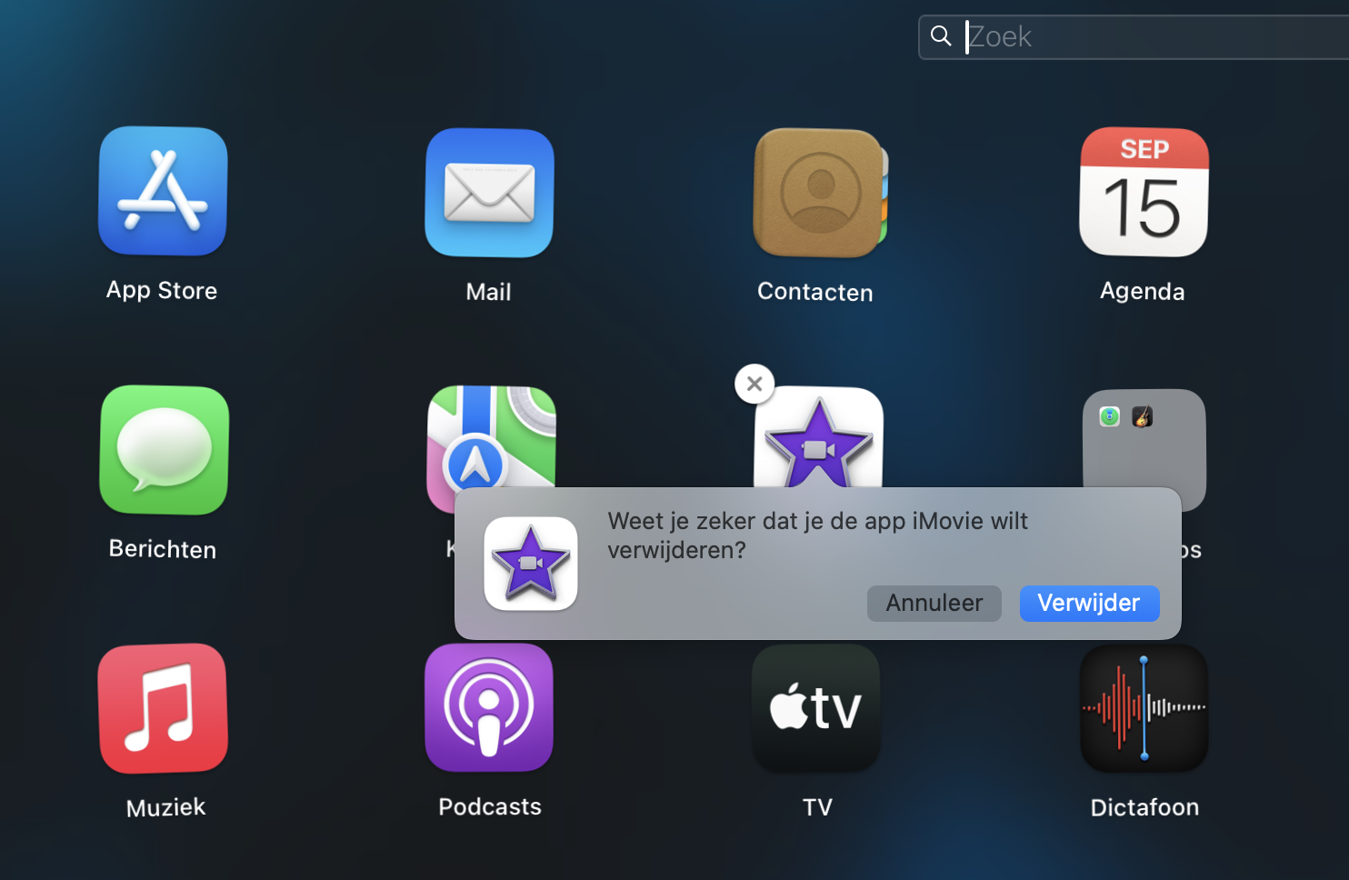 De bevestigingsmelding voor het verwijderen van een app via Launchpad op de Mac. Klik op ‘Verwijder’ om door te gaan.