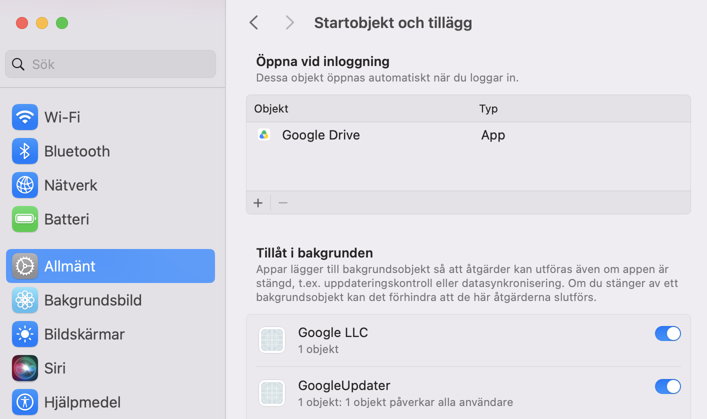 Granska listan över appar i din startobjektslista. Om du vill ta bort några markerar du dem och trycker på minus-knappen (-). Då öppnas de inte längre när du startar din Mac.