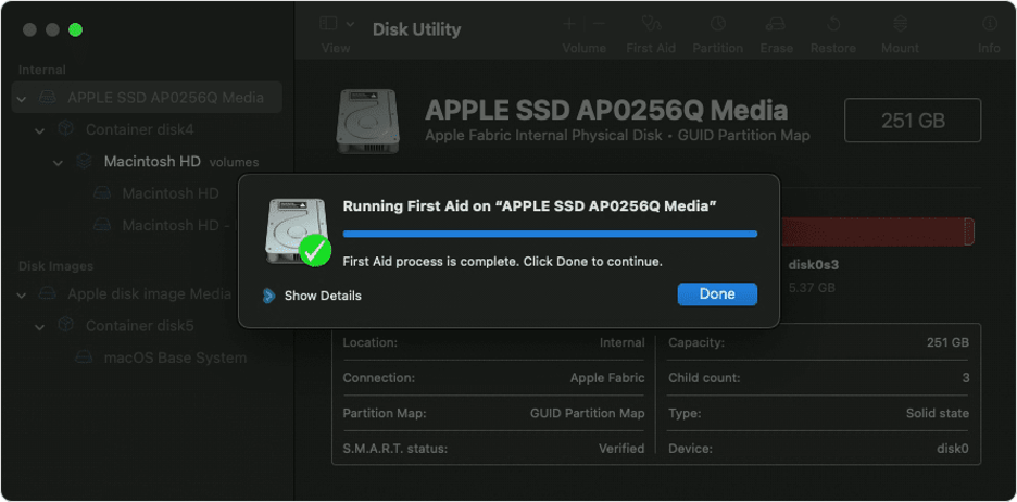 To repair corrupted files on your Mac, click Done when the process is complete.