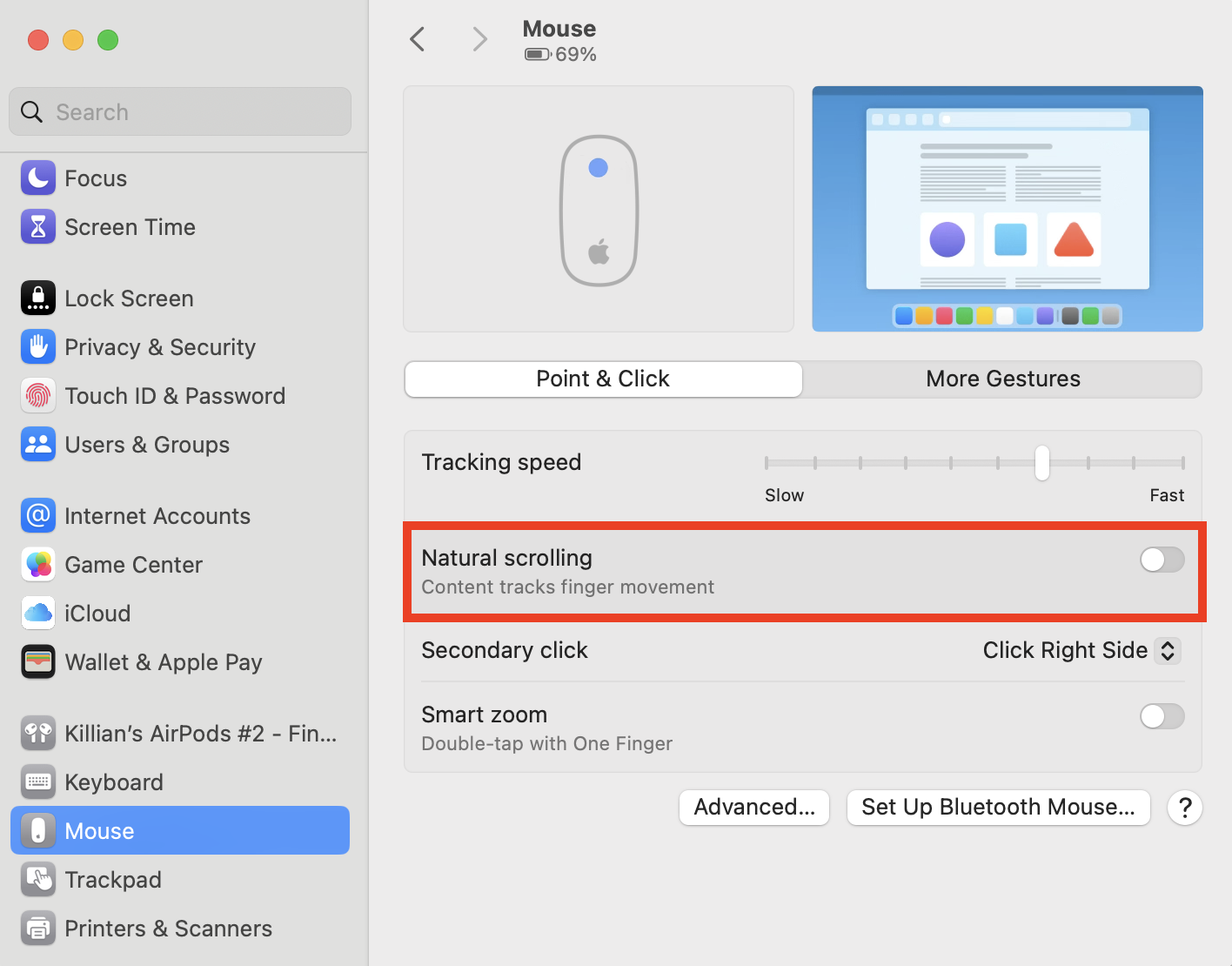 The Mouse menu in System Settings on Mac. You can disable Natural scrolling if you're wondering how to change scroll direction on Mac.