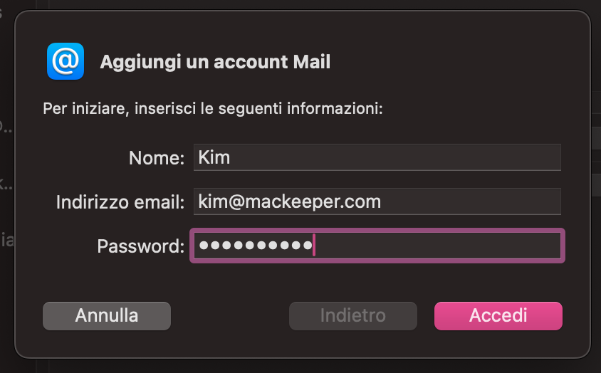 Ora, nella finestra di aggiunta di un account Mail, inserisci le informazioni dell’account (nome, email, password) e fai clic su Accedi.