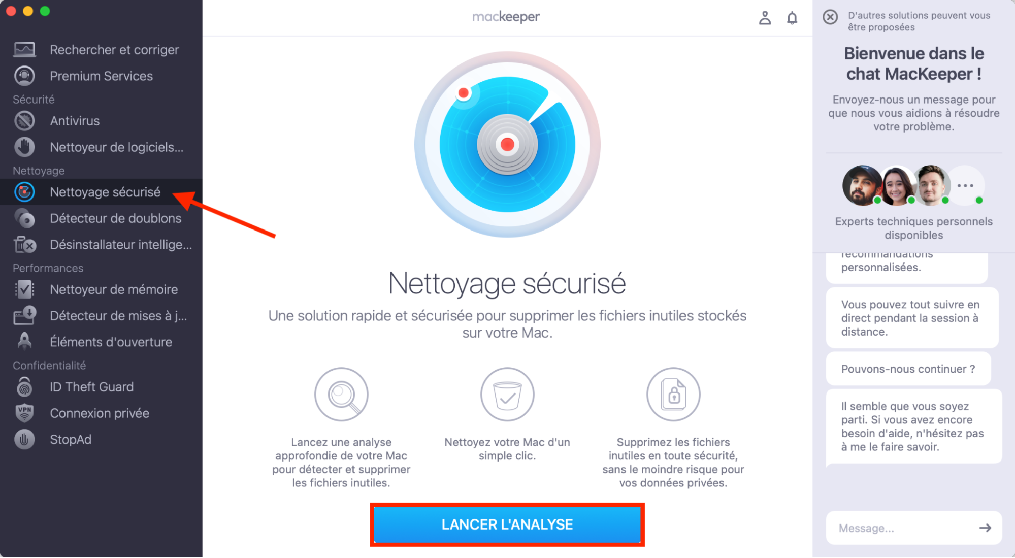 Pour libérer de l’espace sur votre Mac, lancez une analyse avec le Nettoyage sécurisé de MacKeeper. Cela peut vous aider à résoudre le problème de stockage causé par iCloud Drive sur votre Mac.
