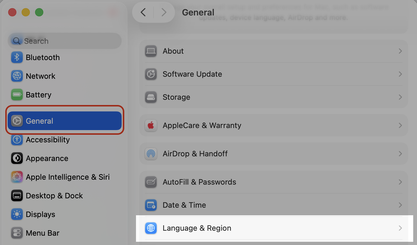 macOS System Settings on an Apple computer, with General selected and Language & Region chosen to fix the Mac date format.