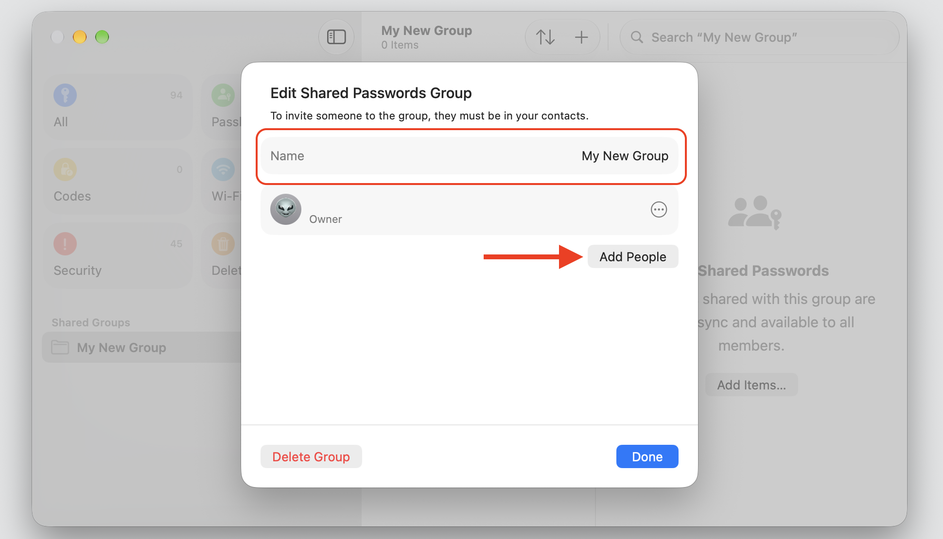 The Shared Group screen in the Passwords app on a MacBook, naming the group and adding people from contacts to share iCloud Keychain logins.