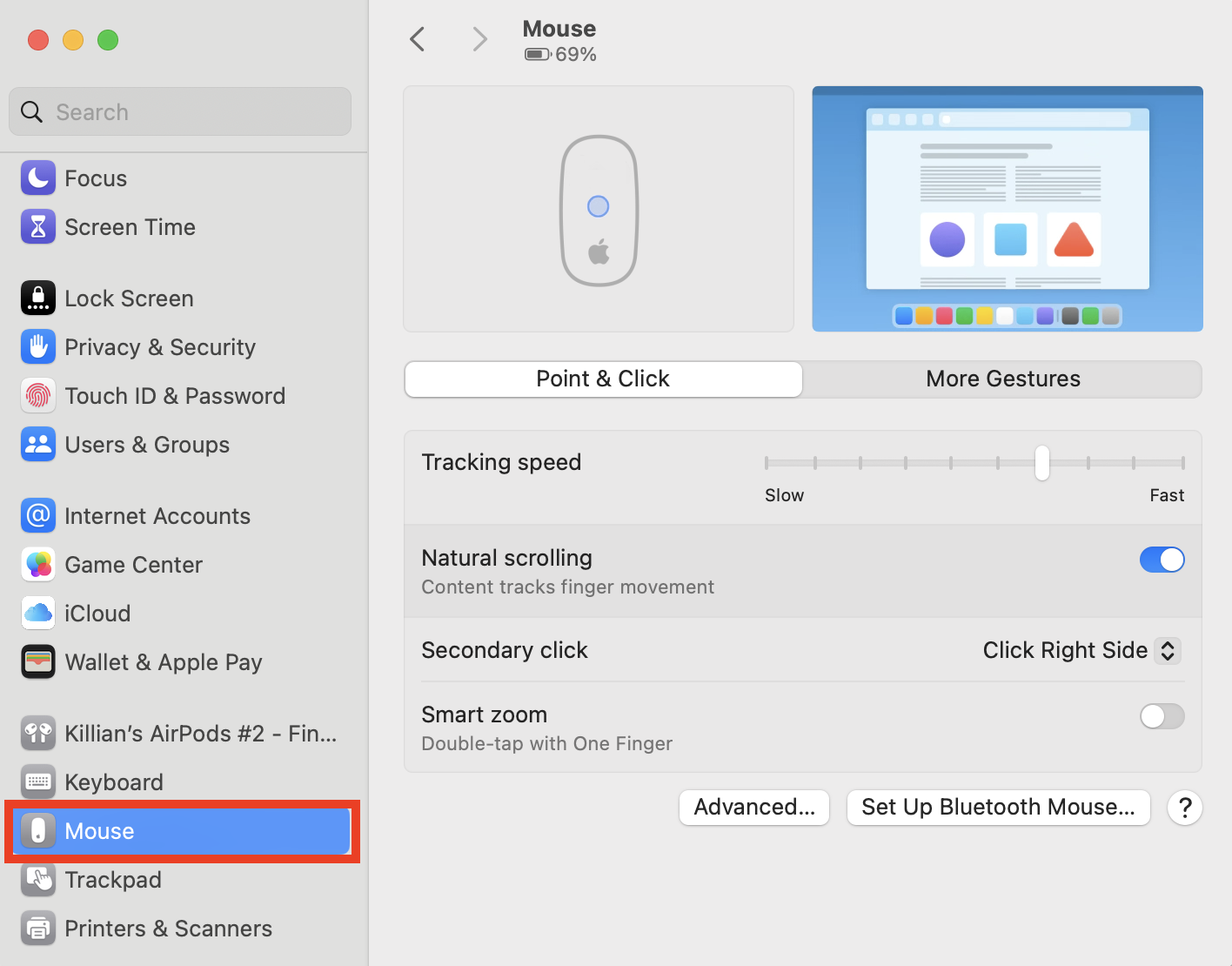 The Mouse menu inside System Settings on Mac. If you want to know how to change scroll direction Mac, disable Natural scrolling.
